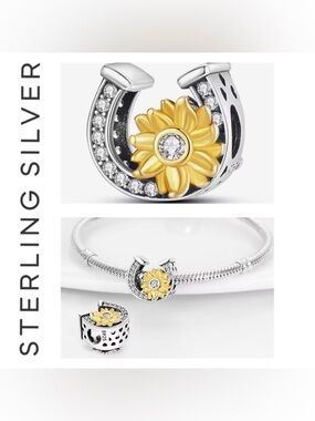 🌟 S925 Sterling Silver Sunflower Horseshoe Charm